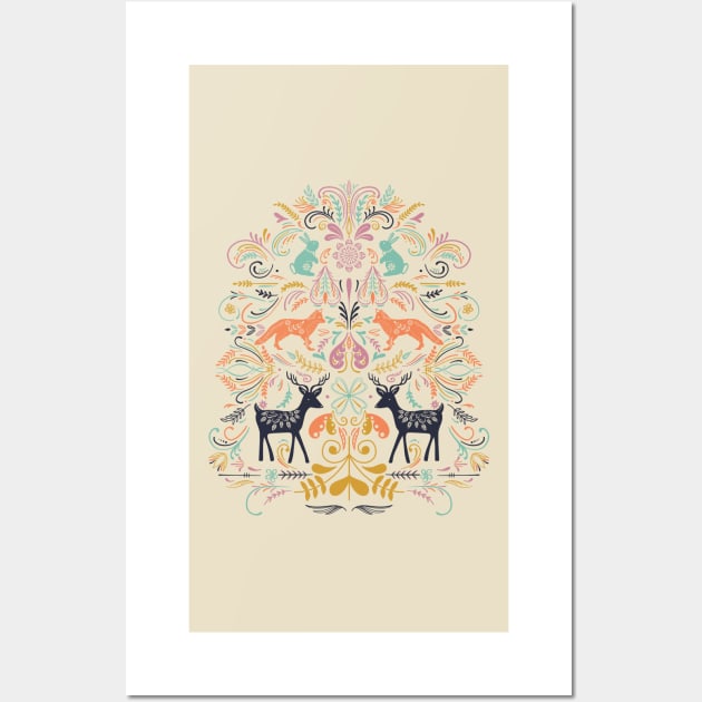 Scandinavian Folk Art Animals on cream Wall Art by creativebakergb